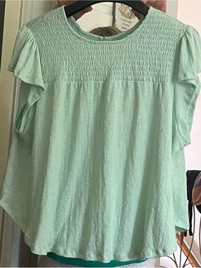 Smocked Yoke Mint Green Cotton-Blend Flutter Sleeve Blouse